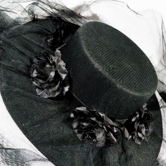 STUNNING BLACK FELT W/NET & ROSES WIDE BRIM HAT! MOURNING CHIC! SZ M - Picture 4 of 9